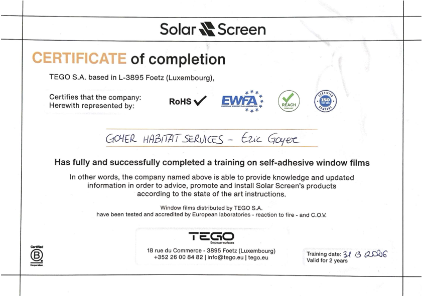 Certificat pose films Solar Screen - Vallée de Joux
