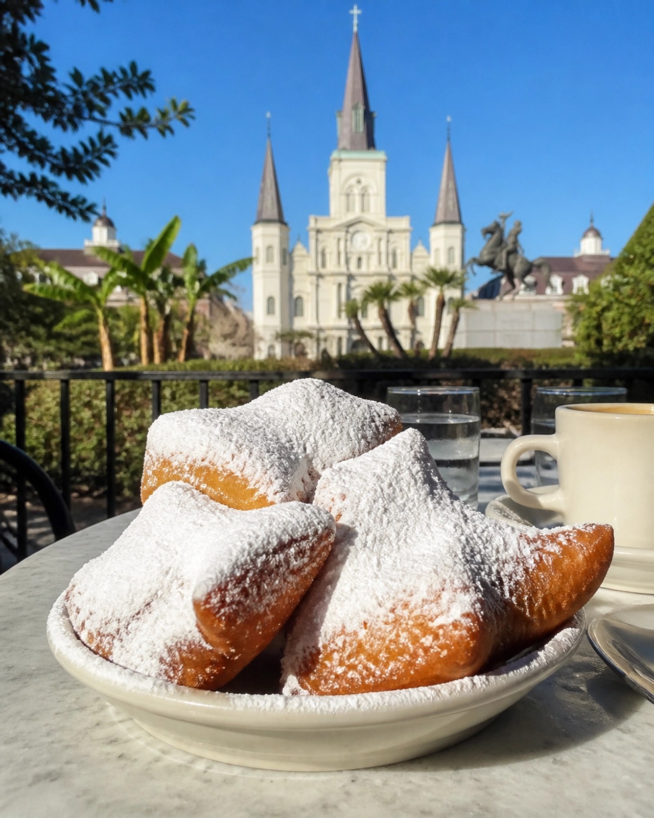 A plate of golden New Orleans beignets piled with powdered sugar, set on a marble table with the St. Louis Cathedral behind it.