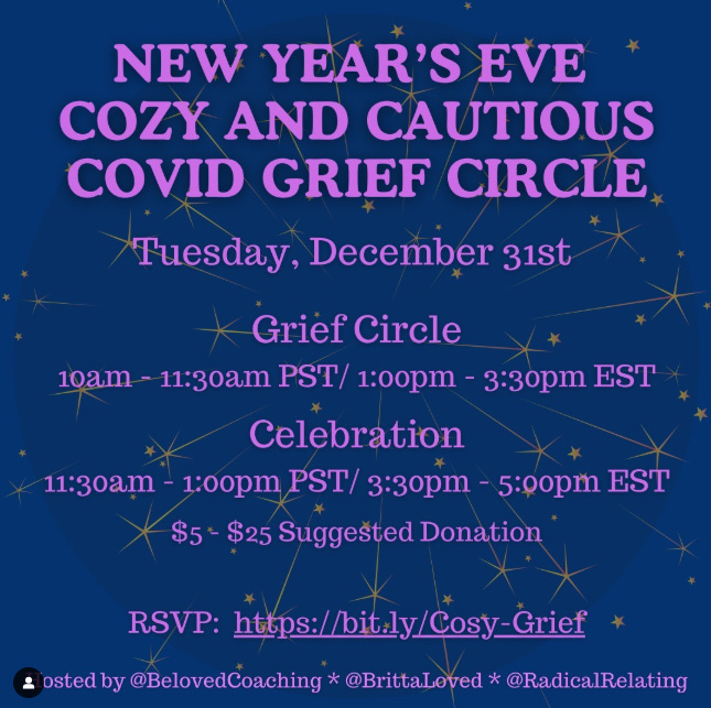 Poster pour annoncer le "New Year's Eve Cozy and Cautious Covid Grief Circle" en mauve sur un fond bleu foncé avec des petites étoiles jaunes en fond