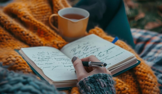 woman peacefully journaling with a cup of tea