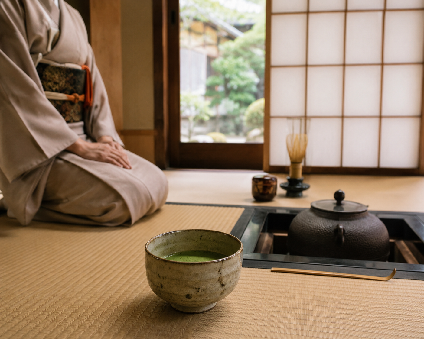Traditional Japanese tea ceremony in Kyoto with a ceramic bowl of matcha tea on a tatami mat, soft natural light through shoji screens