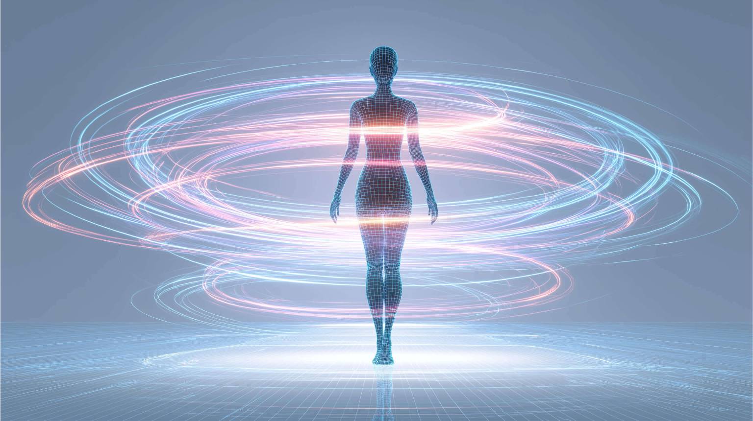 A futuristic holographic human figure made of blue wireframe stands calmly at the center of a luminous space, surrounded by softly orbiting loops of cyan, violet, and pink light, symbolizing repetitive thought patterns being observed with clarity and calm awareness.