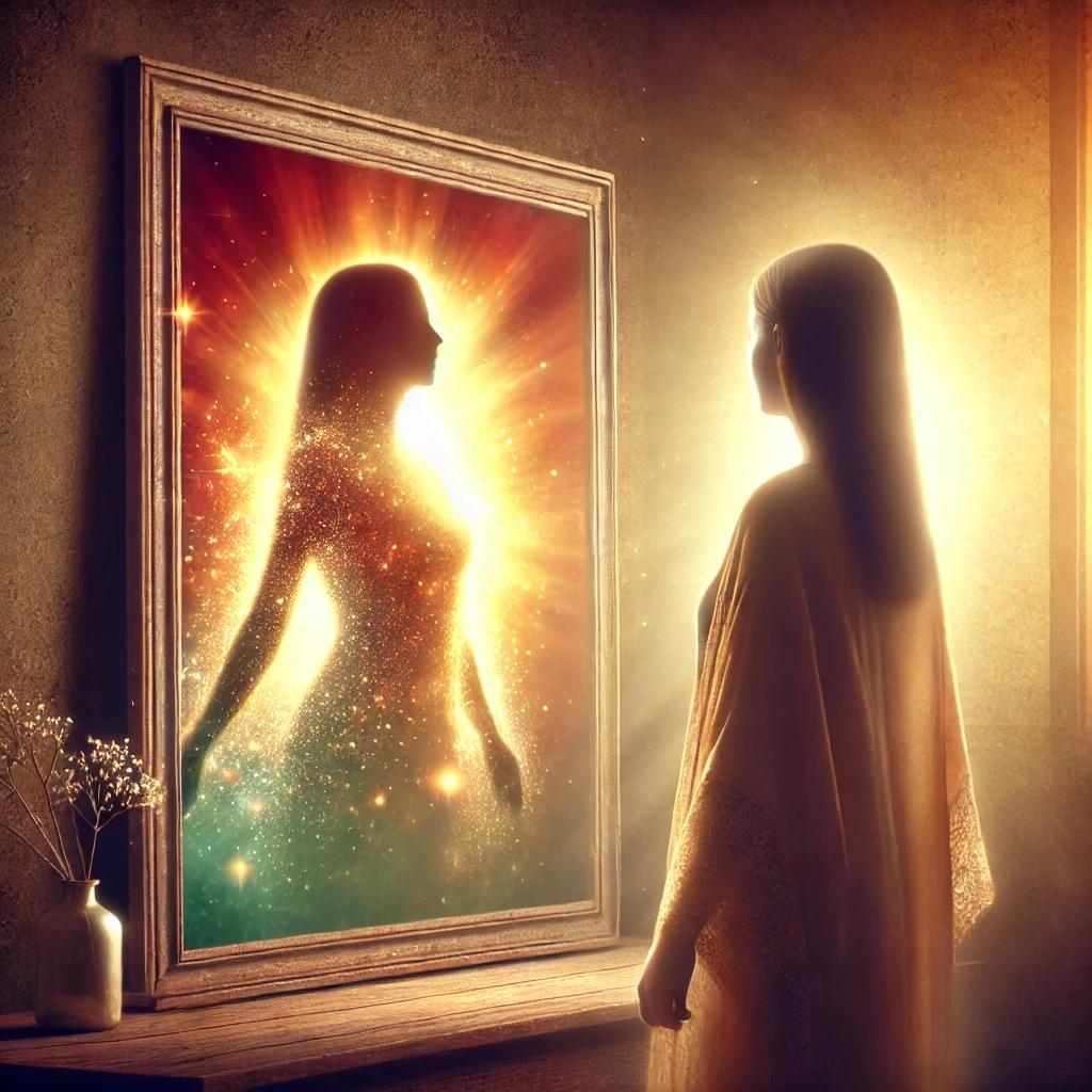 Femme debout devant un miroir, voyant son reflet lumineux et confiant, symbolisant la transformation et l’acceptation de soi