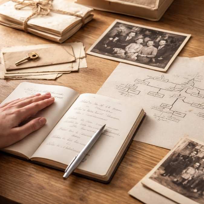 Recherche transgénérationnelle montrant les informations essentielles pour explorer sa lignée, avec prénoms, dates clés et documents familiaux de base