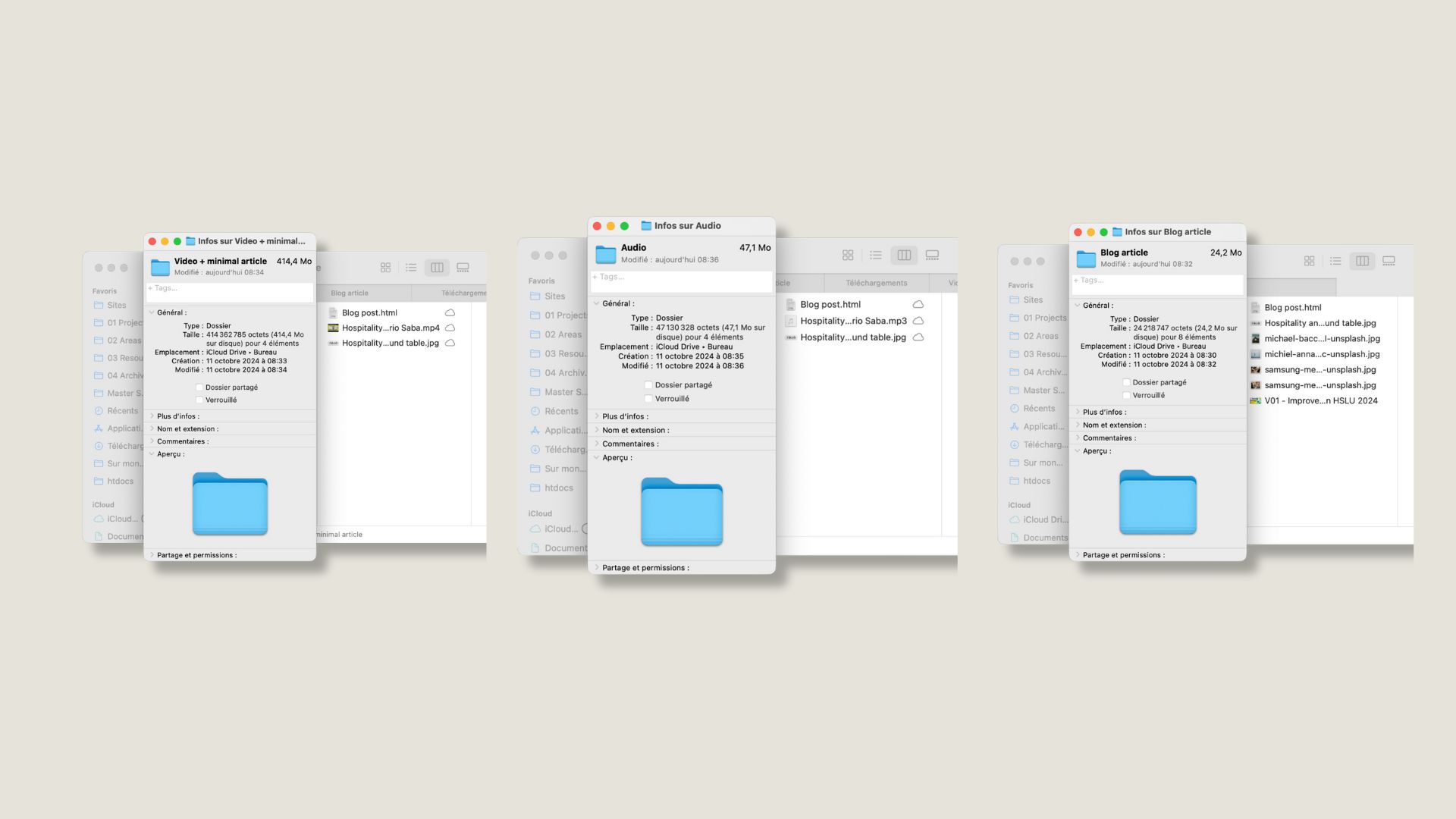 Screenshots of the Finder app in mac os showing the different file size between video, audio and blog article.
