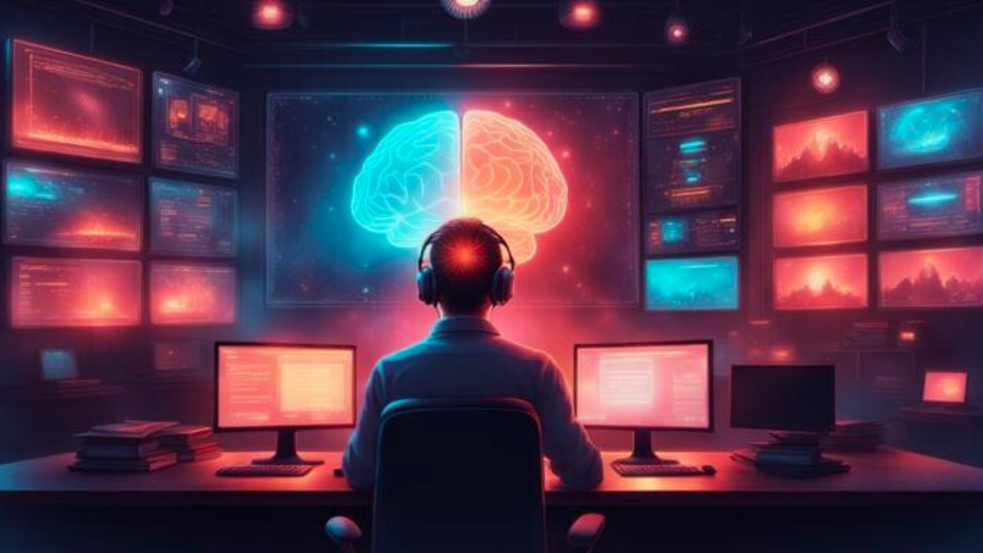 3D holographic illustration of a person seated at a control desk surrounded by glowing screens, facing a large split brain display—one side blue, one side red—symbolizing how the brain processes imagined threats as real, leading to mental overload and stress.