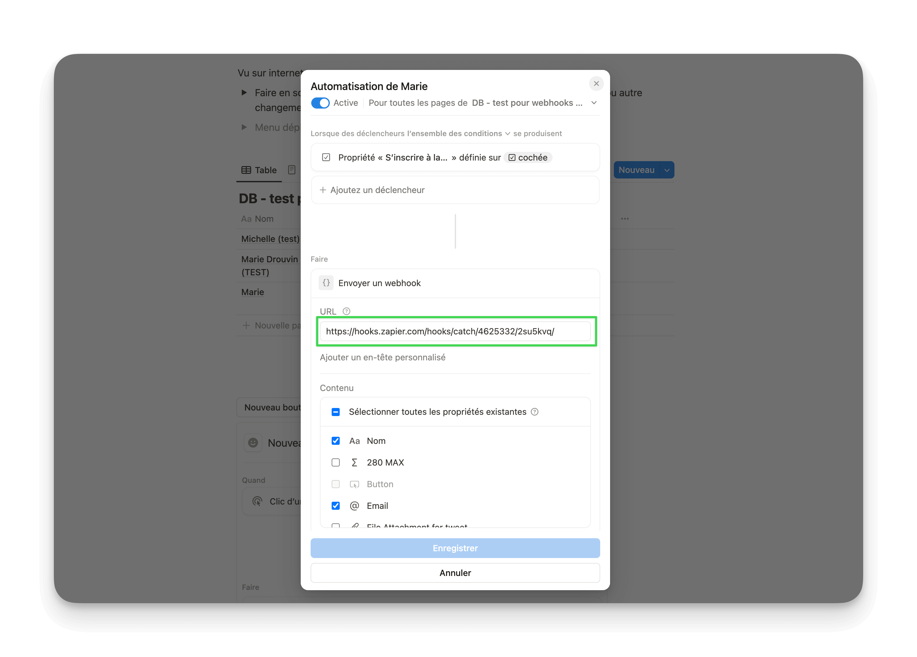 Coller le lien webhook dans l'automation sur Notion