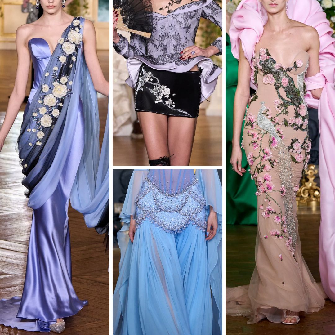 Models wearing Miss Sohee’s spring couture collection, showcasing satin and chiffon gowns with floral-inspired embroidery and intricate embellishments in shades of lilac, pink, and pastel blue.