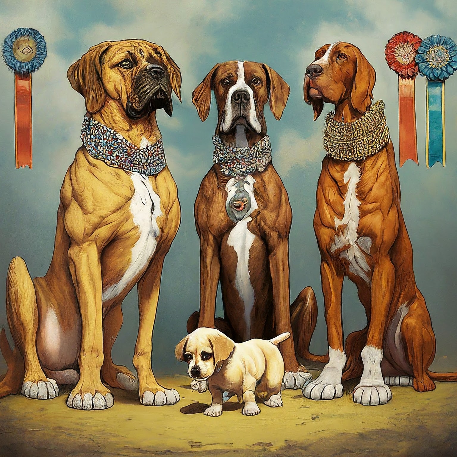 Puppy surrounded by show dogs.