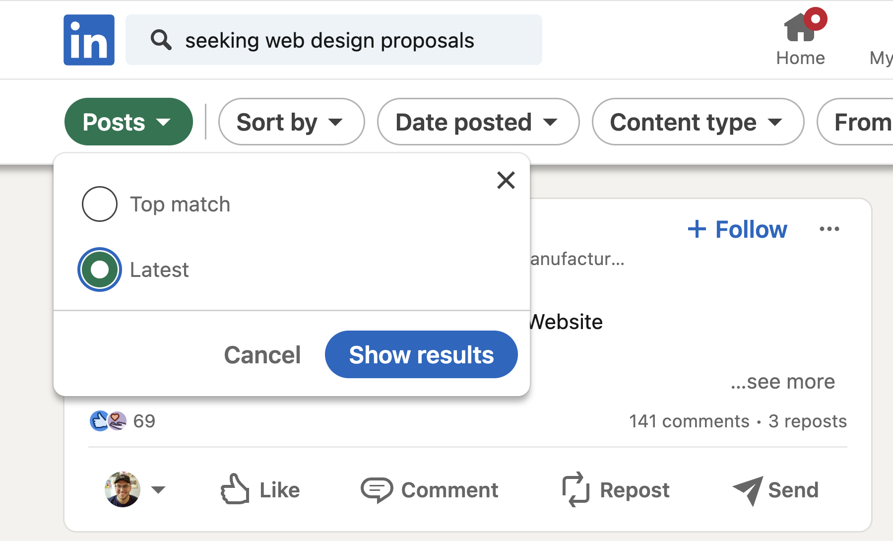 How to find recent client posts on LinkedIn