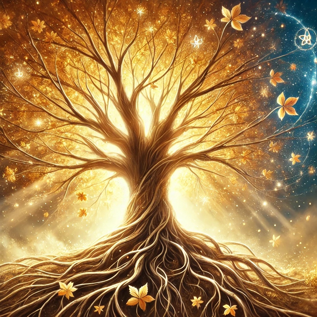 Arbre aux feuilles dorées et racines entrelacées d’ancêtres bienveillants, représentant la transmission transgénérationnelle positive et l’équilibre