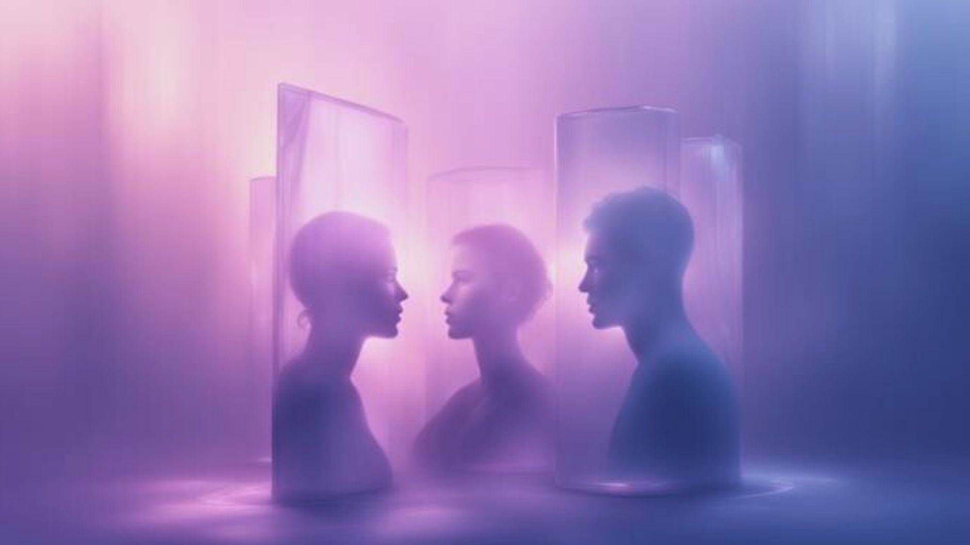 Surreal, softly lit scene in blue, pink, and purple tones showing three translucent human silhouettes facing each other, partially enclosed in glass-like panels, symbolizing rumination, repeated self-reflection, and being mentally stuck replaying the past.