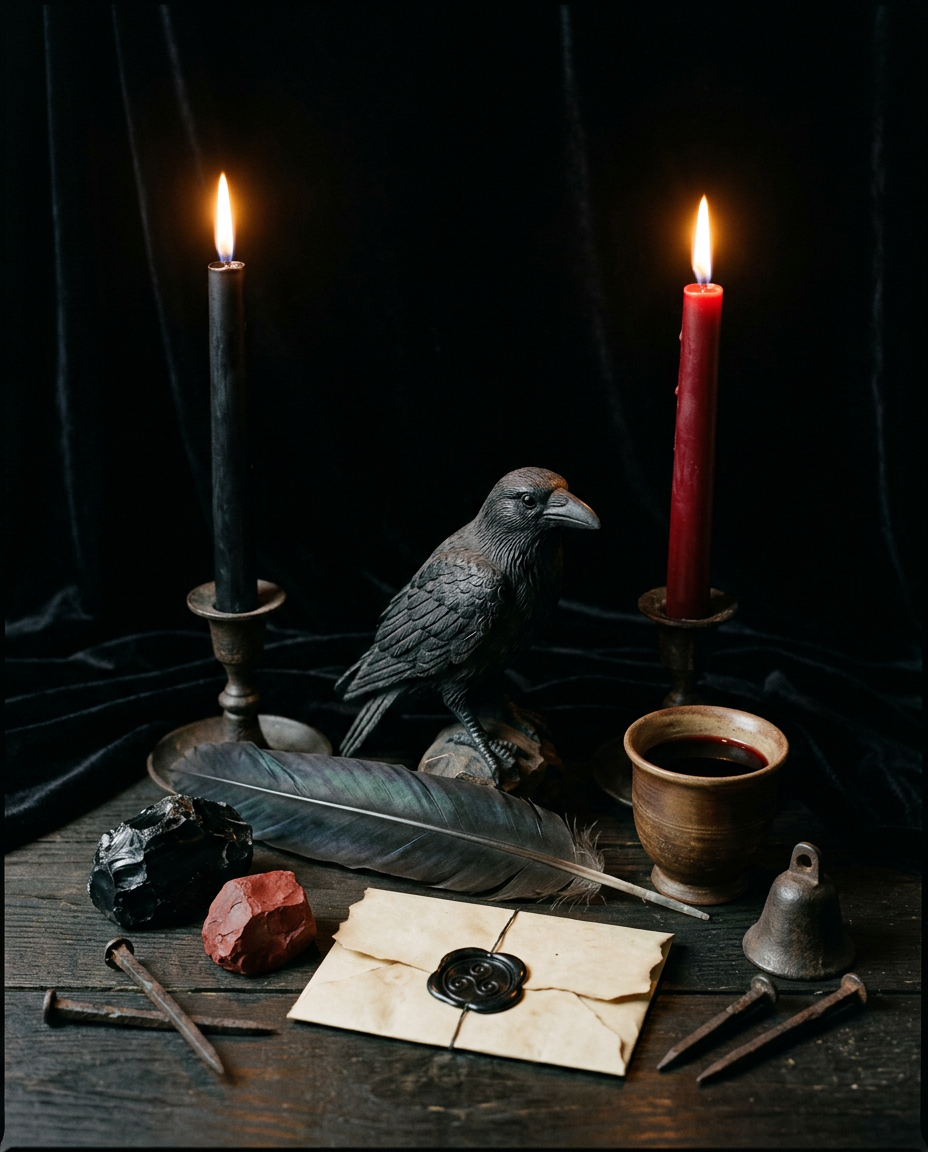 A moody, candlelit altar arranged on a dark wooden table against a black velvet backdrop. A realistic black crow statue sits in the center next to a black feather, a sealed parchment envelope with a triple spiral symbol, a ceramic cup filled with red liquid, a small iron bell, and iron nails. Two tall candles—one black and one deep red—burn brightly on either side, illuminating rough black and red stones.