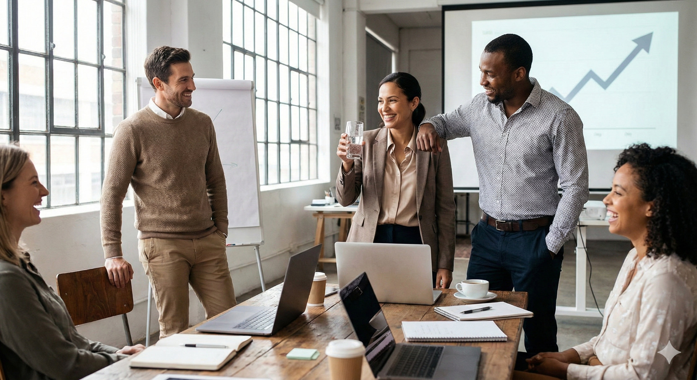A diverse group of five stylish professionals sharing a genuine moment of celebration and laughter in a modern, sunlit office with large industrial windows. They are gathered around a wooden meeting table scattered with laptops, notebooks, and coffee cups. A presentation screen in the background displays a graph with an upward trend, suggesting a business achievement. The atmosphere is warm, relaxed, and confident.