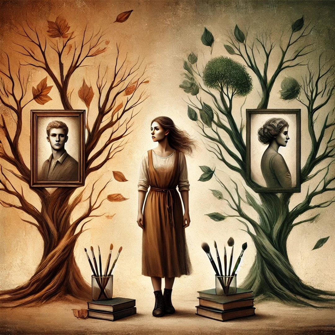 Femme debout entre deux arbres généalogiques symboliques, illustrant le poids du syndrome du gisant et des loyautés familiales invisibles