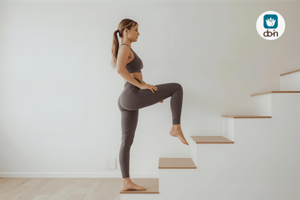 Vrouw doet Do-In yoga oefening 'Aardende Ochtendstap' ter plaatse traplopen om Gouverneersvat punt GV1 te activeren voor gronding en energie.