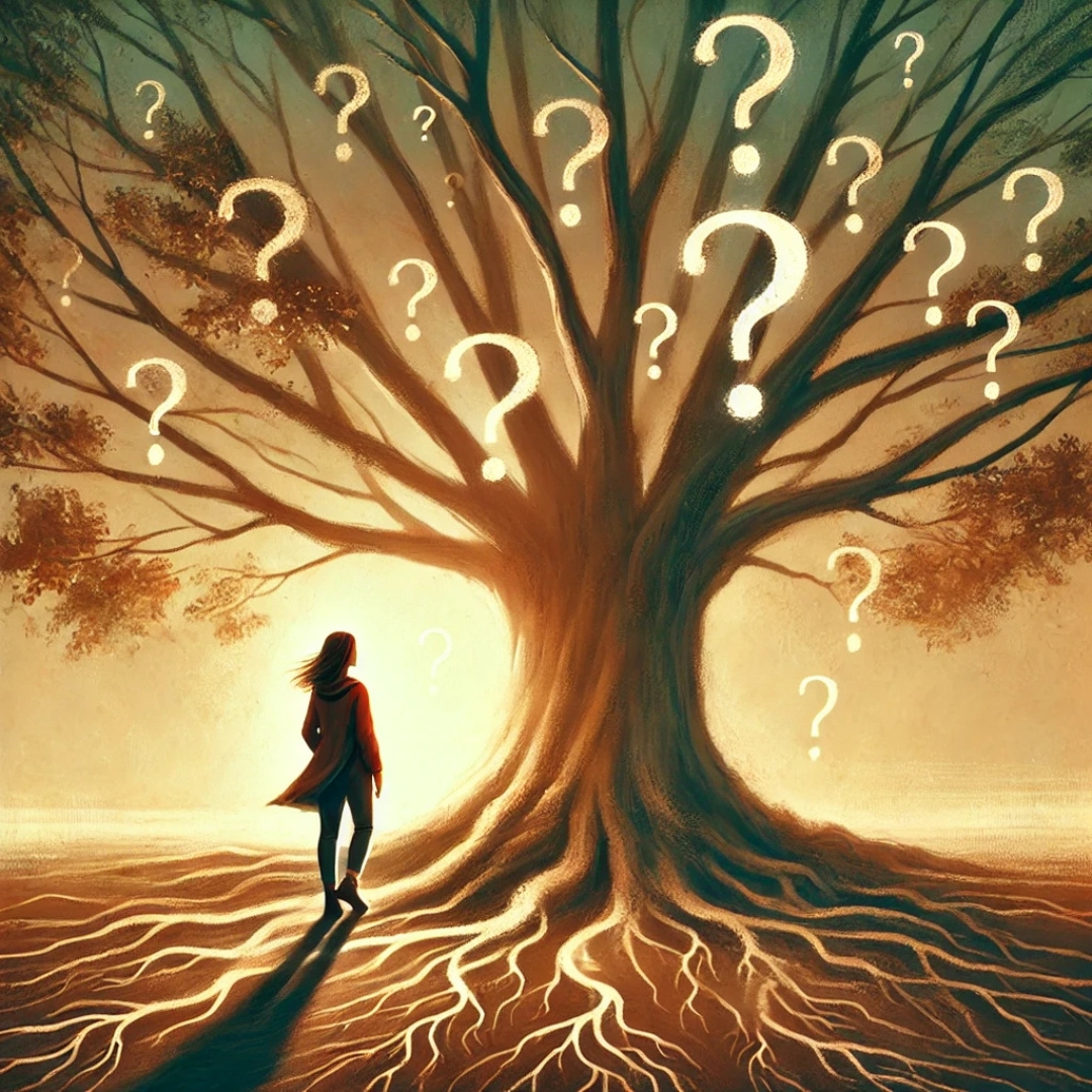 Femme contemplant un arbre aux racines visibles, entourée de symboles de question, illustrant la quête de réponses sur les blessures familiales transgénérationnelles.