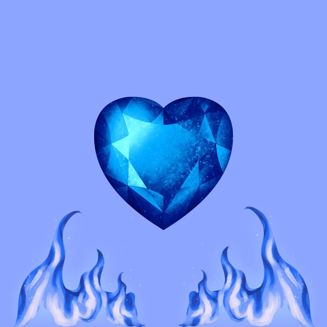 Un gros coeur bleu en diamant au-dessus de flammes bleues sur un fond bleu clair