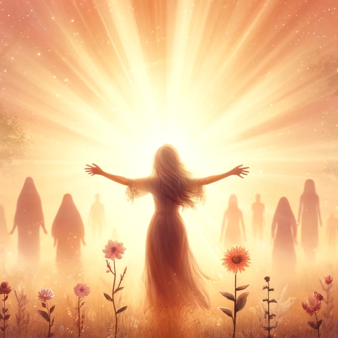 Une femme debout dans un champ baigné de lumière dorée au lever du soleil, les bras ouverts, entourée de silhouettes ancestrales paisibles – symbole de la libération émotionnelle et de la guérison des mémoires familiales.