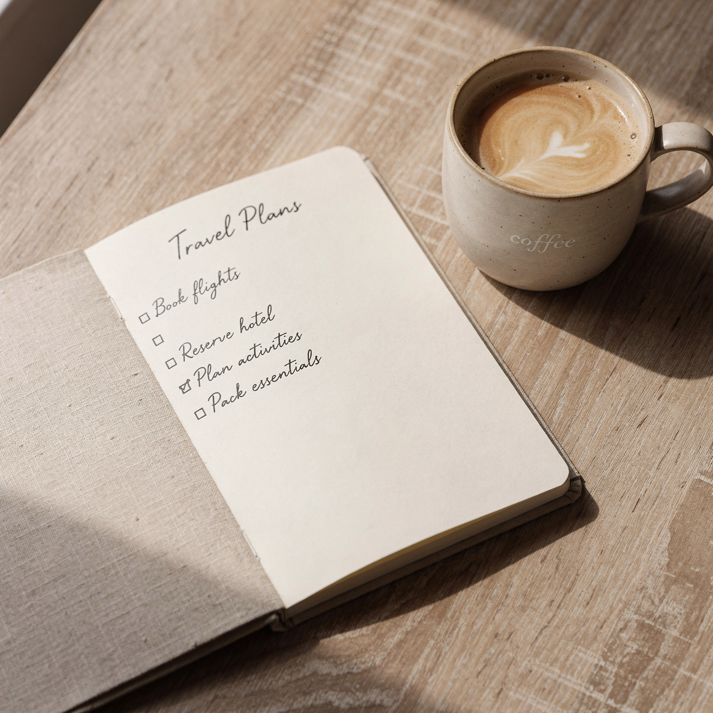 Journaling with coffee while reflecting on what ind of trip fits her life right now