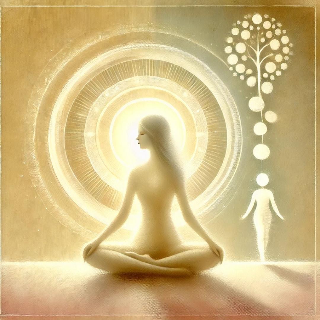 illustration symbolique d’une femme assise en tailleur, entourée de lumière, représentant la paix intérieure après une constellation familiale