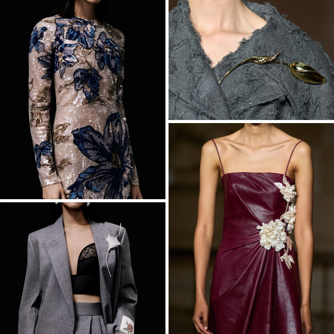 Looks from Erdem’s Pre-Fall 2024 collection inspired by Maria Callas, featuring sequin florals, sculpted tailoring, metallic brooches, and floral appliqué on leather and wool garments.