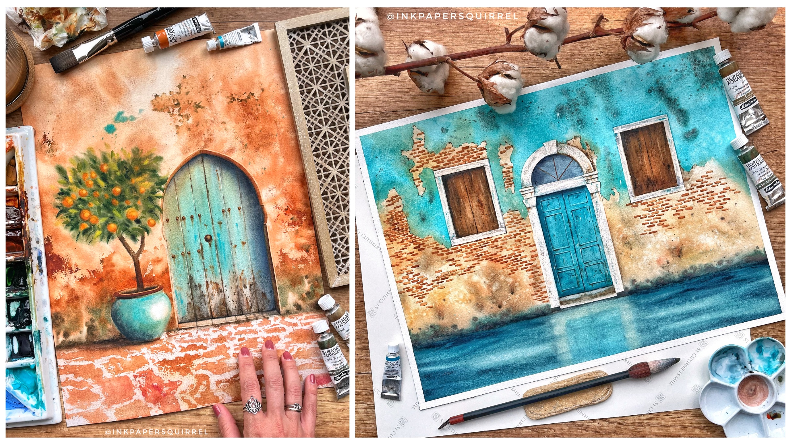 A Collage of Two Finished Paintings - A Morrocan Door with an Orange Potted Tree and a Venetian Door on the Canal
