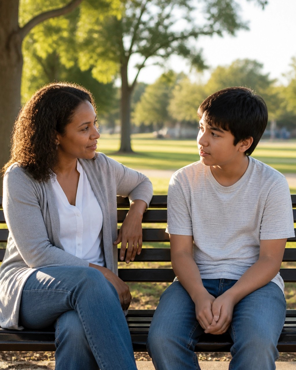 An adult and teenager sitting side by side in a park and having a calm, supportive conversation.