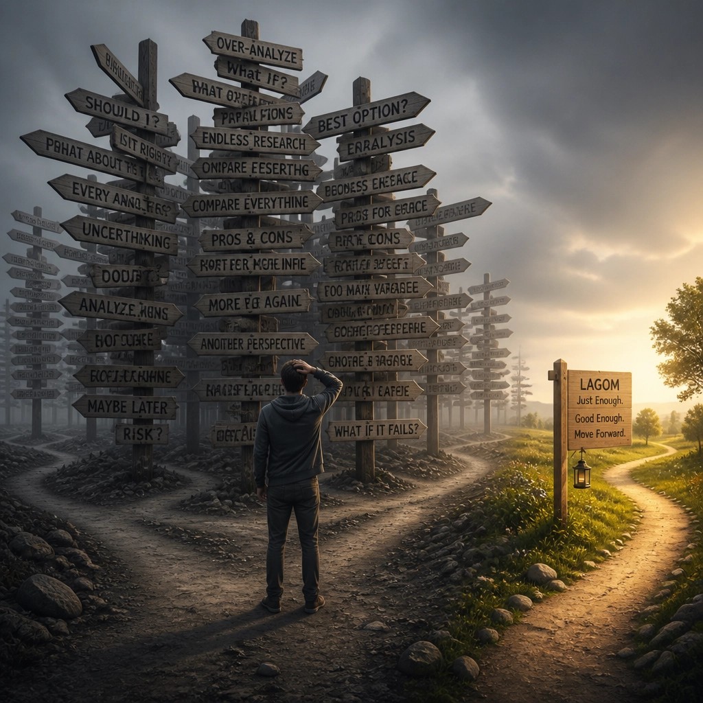 A man standing at a fork in the road, surrounded by a mountain of confusing wooden signs, looking toward a simple path labeled 'Lagom'.