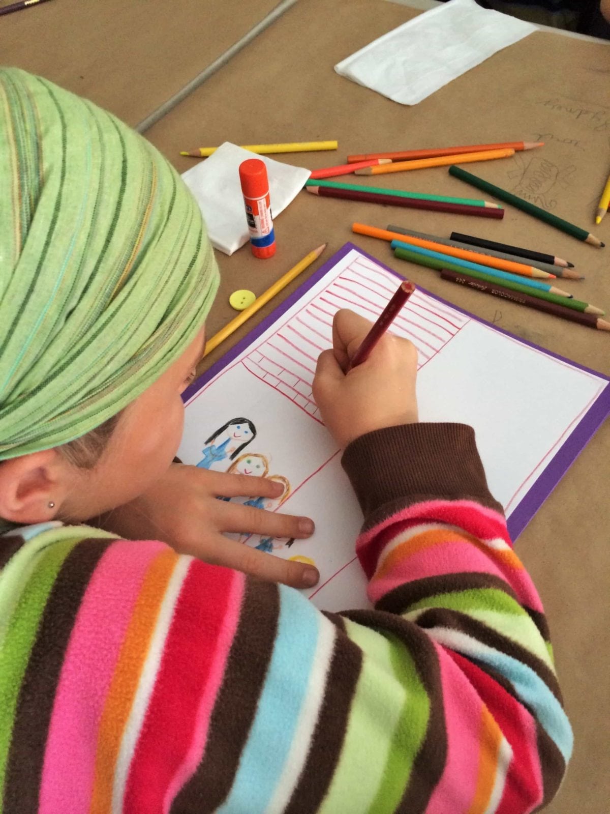 Child drawing an endpaper for ALL-OF-A-KIND-FAMILY by Sydney Taylor - a creative teaching idea from LitWits Workshops