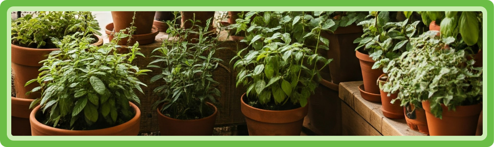 Kruiden die in terracotta potten staan, zodat ze nooit te nat kunnen zijn.