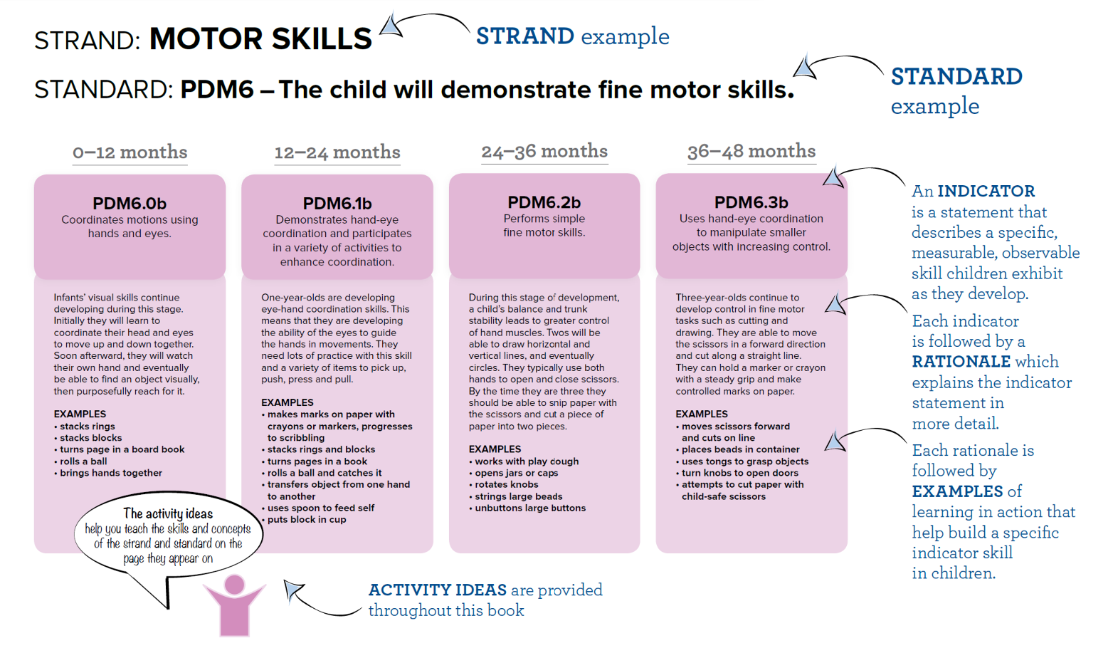 Example of Georgia Early Learning and Development Standards (GELDS) chart showing fine motor skills strand across ages 0–48 months, including standards, indicators, rationale, and activity ideas.