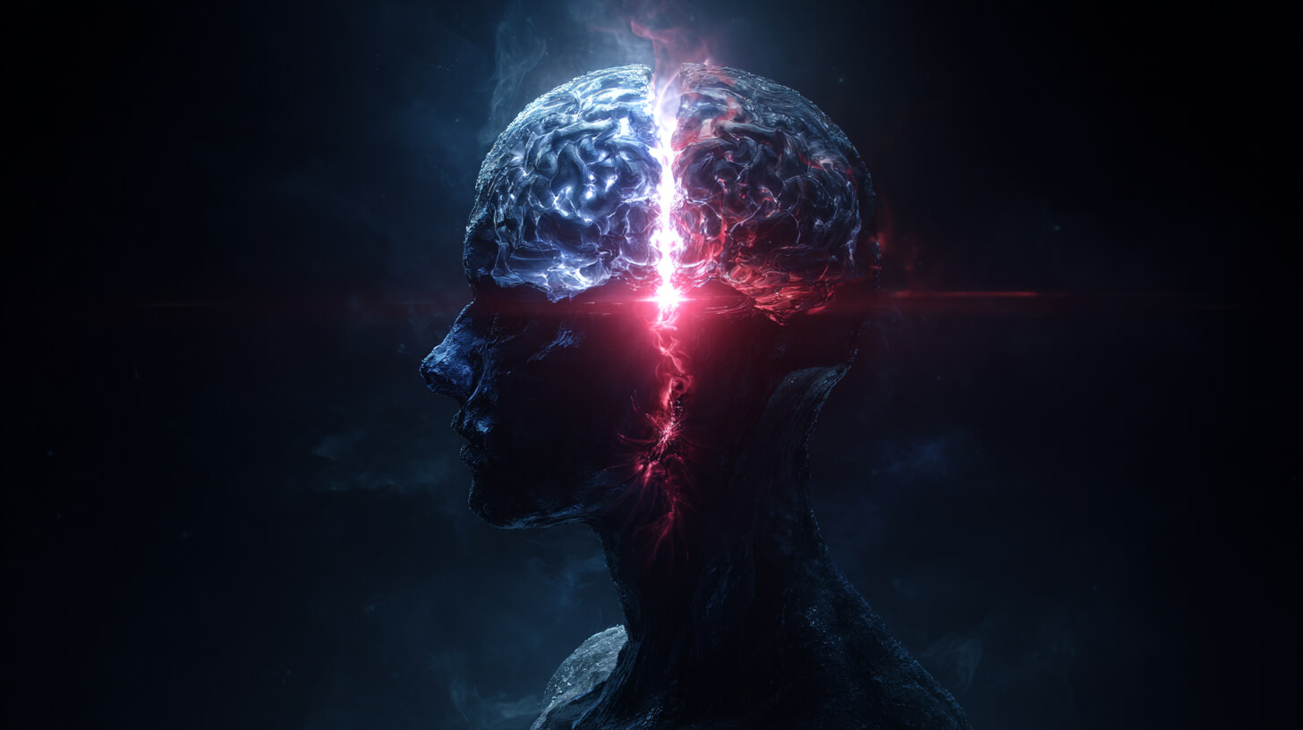 Human head silhouette in deep blue darkness, brain split vertically with cool blue on one side and glowing red on the other, bright energy surge at the center, cinematic contrast symbolizing internal conflict, stress response, and neurological alarm activation.