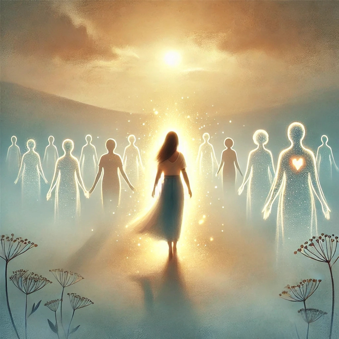 Illustration d’une femme guidée par des présences lumineuses, représentant la blessure de rejet transgénérationnelle et le soutien ancestral invisible