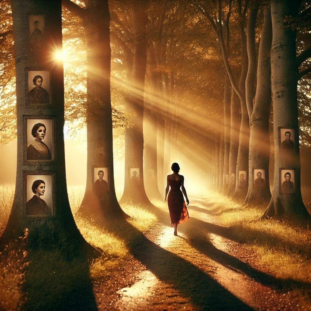 Femme marchant sur un sentier forestier bordé d’arbres portant les visages d’ancêtres, symbolisant le chemin de libération transgénérationnelle