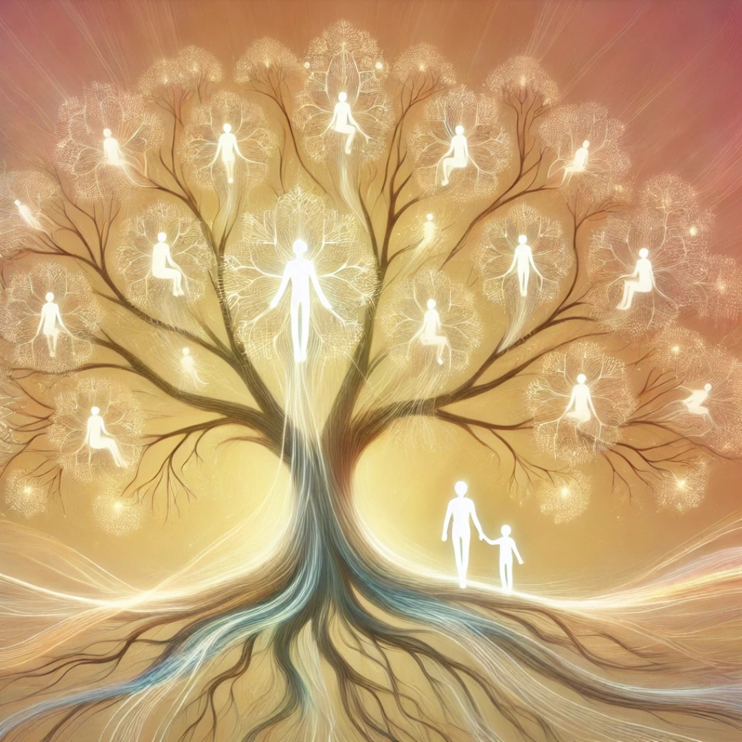 Illustration d'un arbre généalogique lumineux représentant l'héritage familial et la guérison émotionnelle, pour un article sur la psychogénéalogie et la thérapie transgénérationnelle