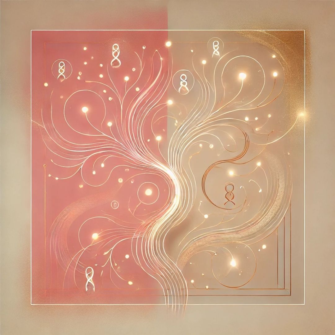 illustration abstraite représentant des flux bloqués et répétitifs dans un arbre symbolique, évoquant les blocages transgénérationnels en psychogénéalogie