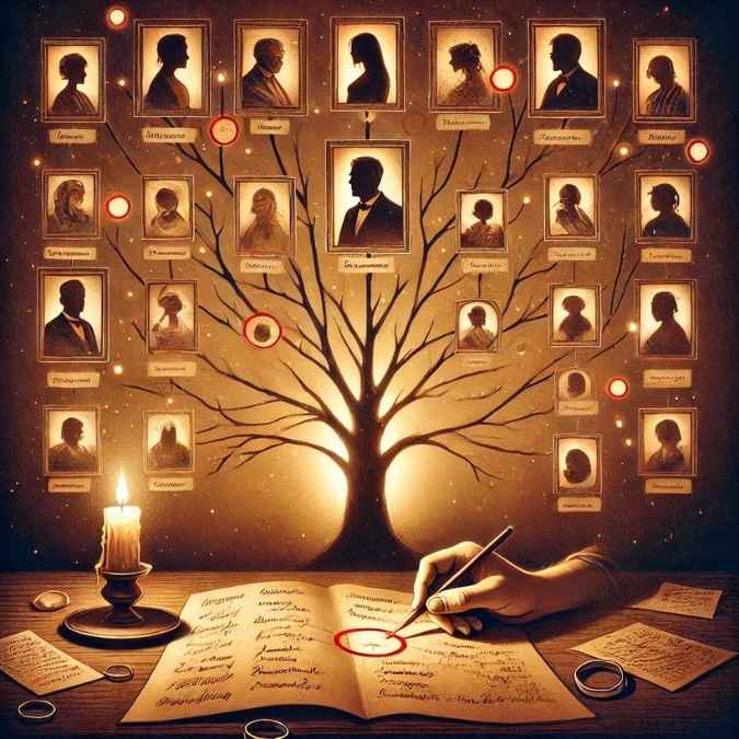 Une main trace les événements marquants dans un arbre généalogique illuminé, entouré de portraits anciens et de symboles indiquant les nœuds familiaux à explorer