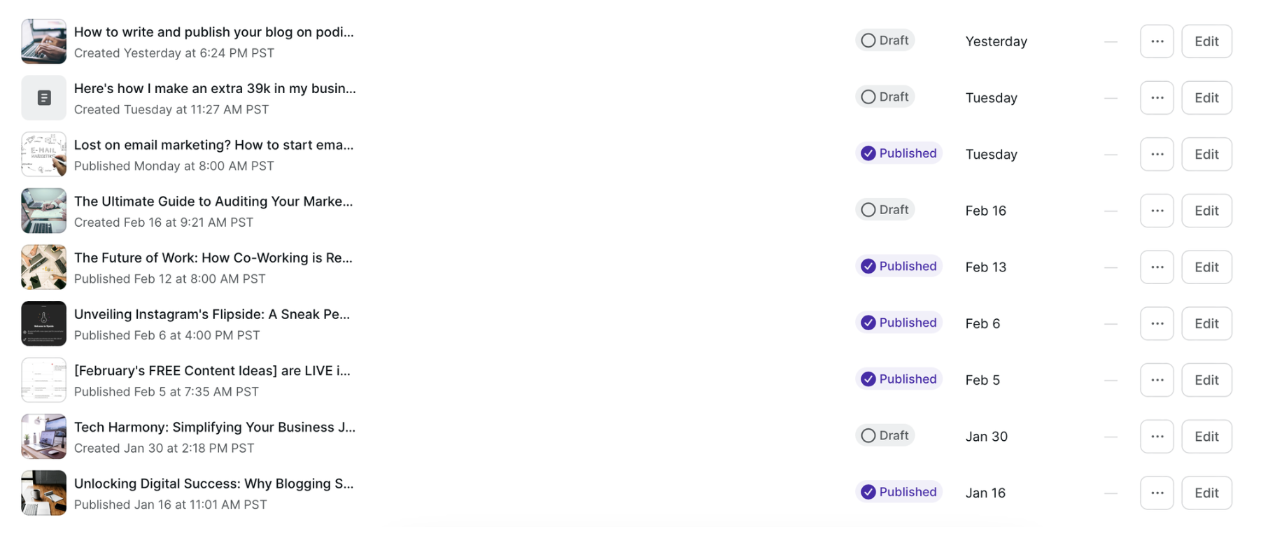 screenshot of podia blogging post area