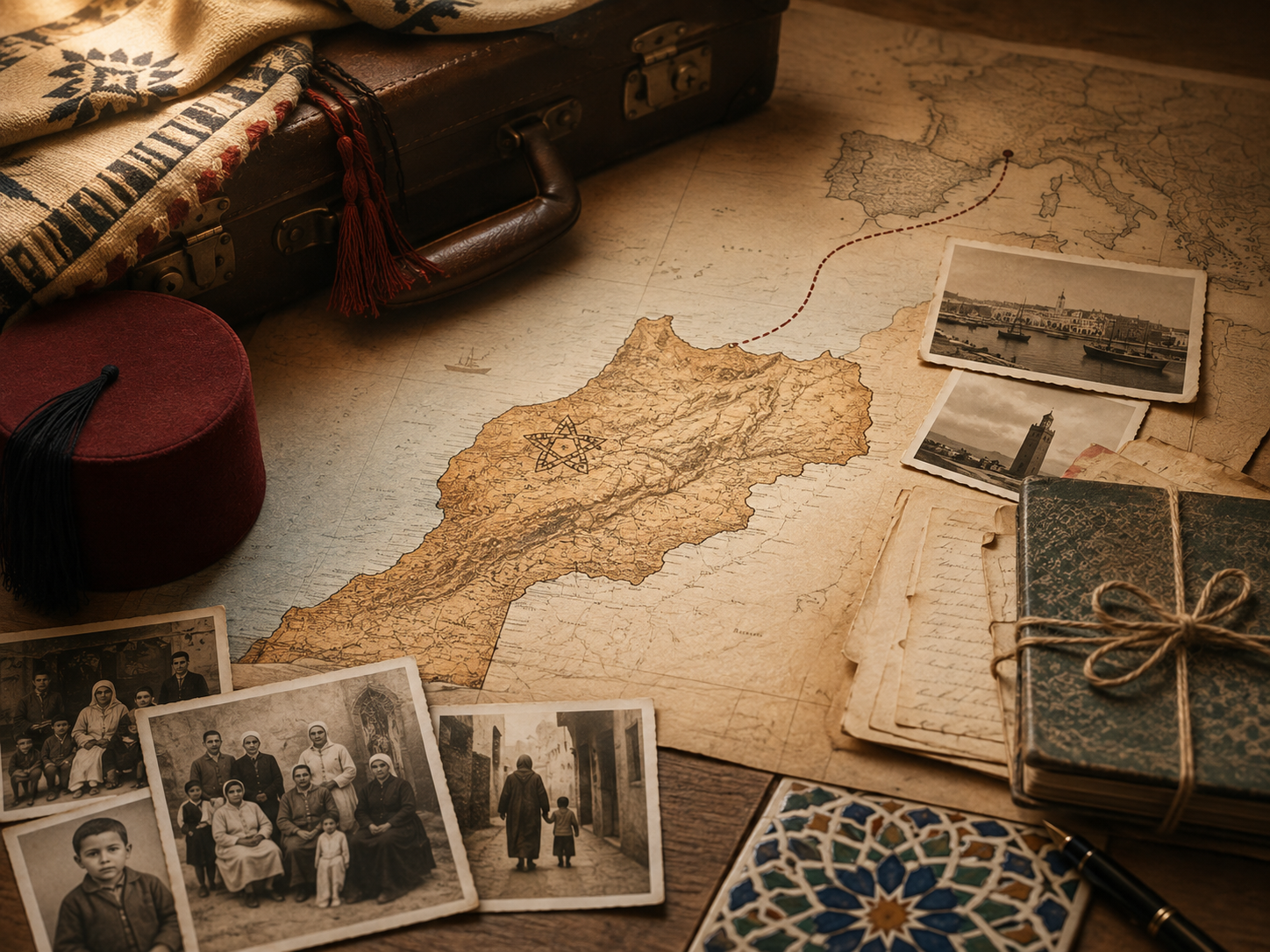 Photos de famille, carte du Maroc et lien vers la France illustrant une lignée marocaine en recherche transgénérationnelle