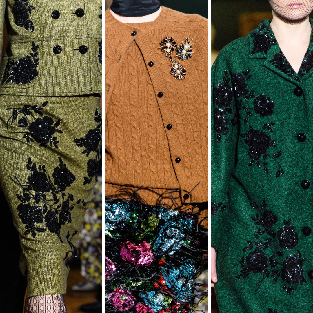Three looks from Erdem Fall/Winter 2019: a green wool skirt suit with black floral sequin embroidery, a camel cable-knit cardigan with ornate crystal brooches, and a forest green coat covered in black beaded florals. Inspired by Princess Orietta Doria Pamphilj, the collection explores restraint and embroidered memory.