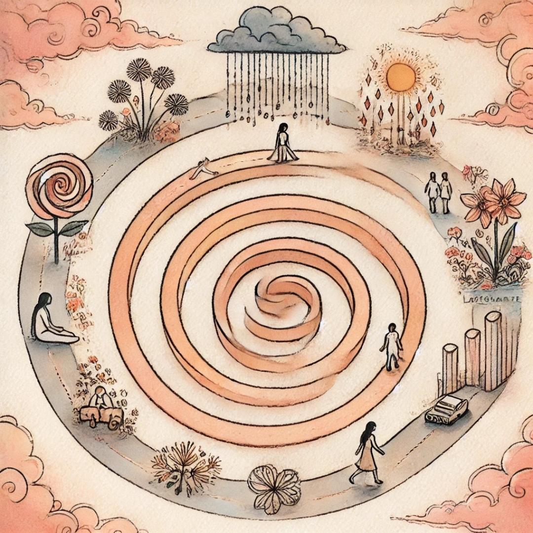 Illustration féminine et aquarelle d’un chemin en spirale représentant la répétition des schémas comportementaux hérités de traumatismes transgénérationnels, sans inscription