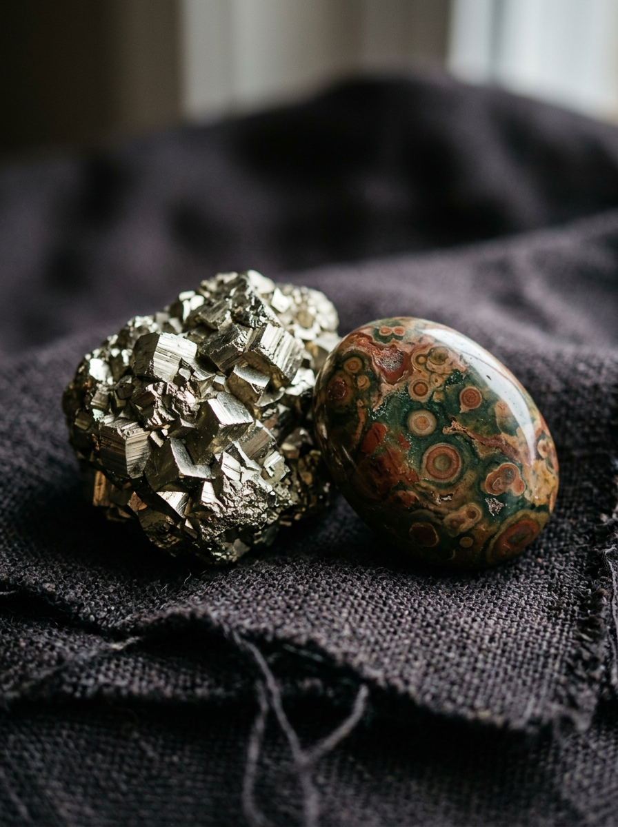 A detailed close up of two crystals on a dark, coarse woven cloth. On the left is a metallic, golden pyrite formation with sharp cubic structures. On the right is a smooth, egg shaped rainforest jasper stone featuring circular patterns of moss green, ochre, and deep red. The background is softly blurred with a moody, atmospheric lighting.