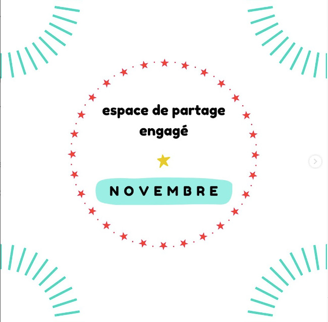 espace de partage engagé Novembre (texte entouré de petites étoiles rouges avec une étoile jaune au centre du cercle)