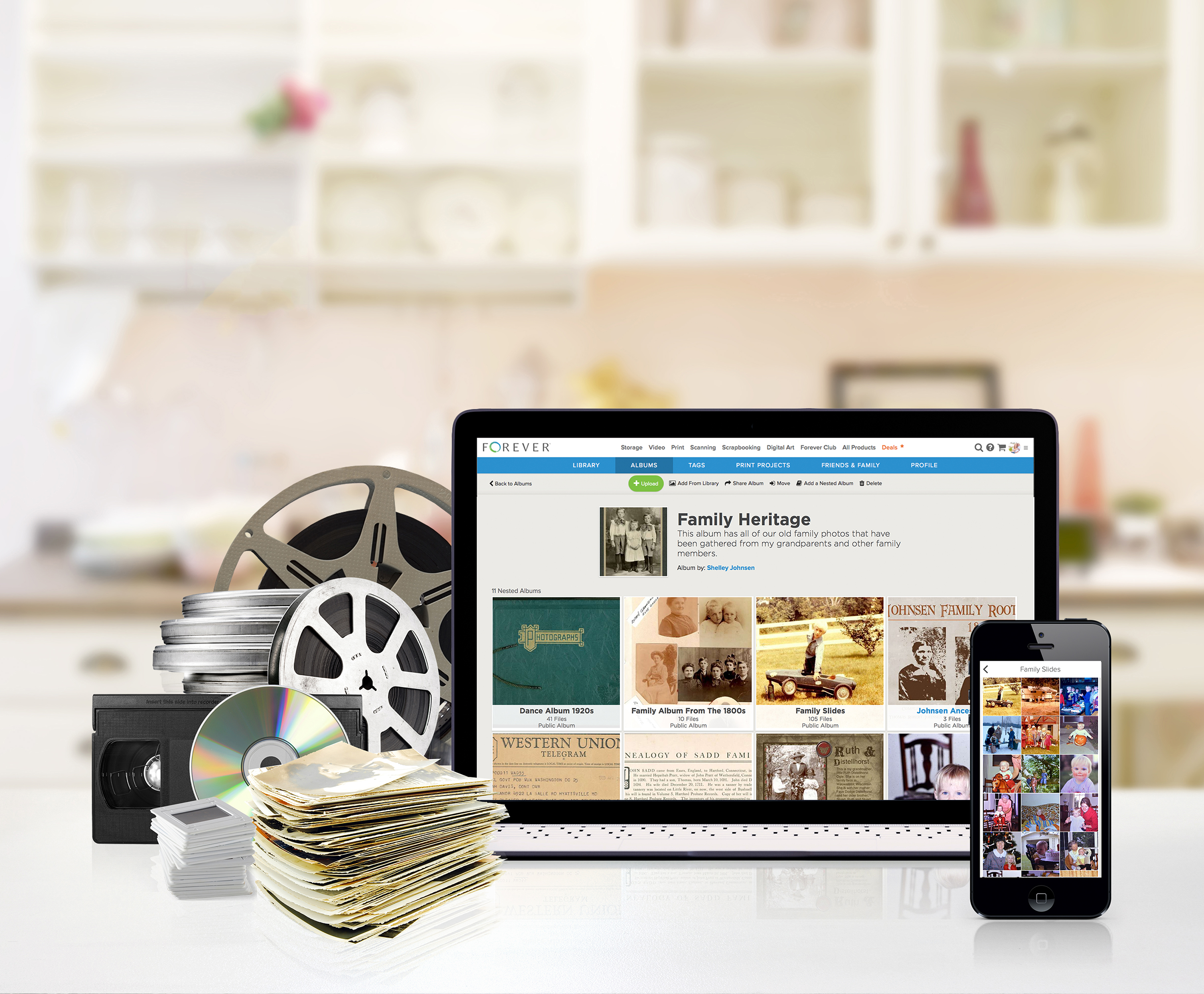 Before and after image of loose photos, film reel, VHS and DVDs and slides, next to an image of a desktop computer and phone with an organized digital library.