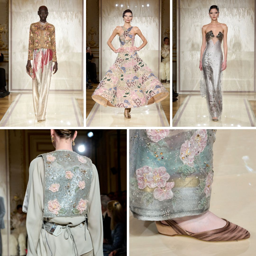 A collection showcasing delicate pastel tones, shimmering embroidery, and intricate floral appliqué. Looks feature elegant evening gowns with flowing silhouettes, metallic embellishments, and intricate beading, evoking a sense of romantic opulence and couture craftsmanship. The collection includes sequined jackets with embroidered floral motifs, shimmering sheer overlays, and soft, sculptural draping, blending vintage elegance with modern couture refinement.