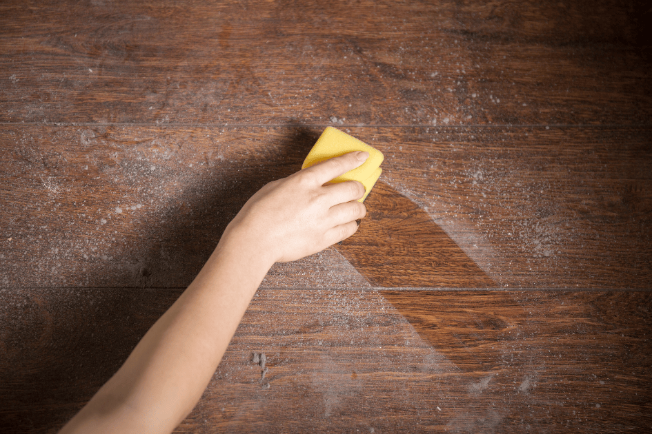 Main qui passe une éponge sur une surface recouverte de poussière