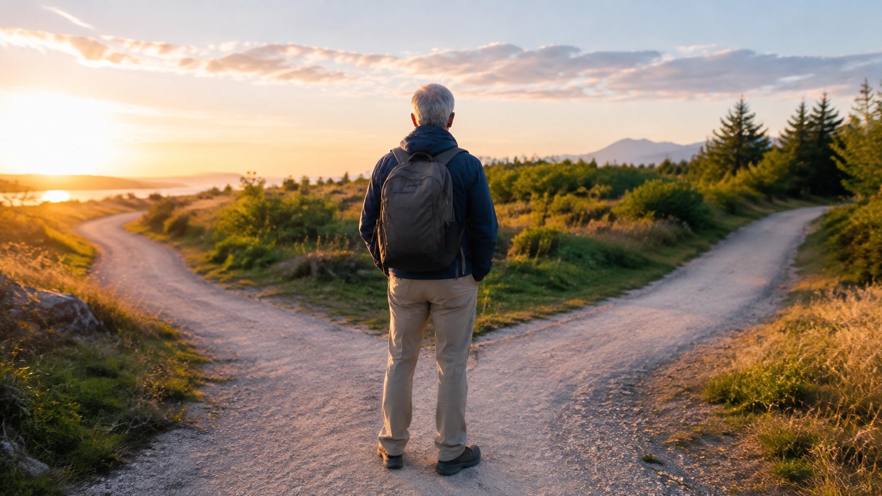 An experienced adult stands at a fork in the path, illustrating career coaching for seniors and navigating a career transition.