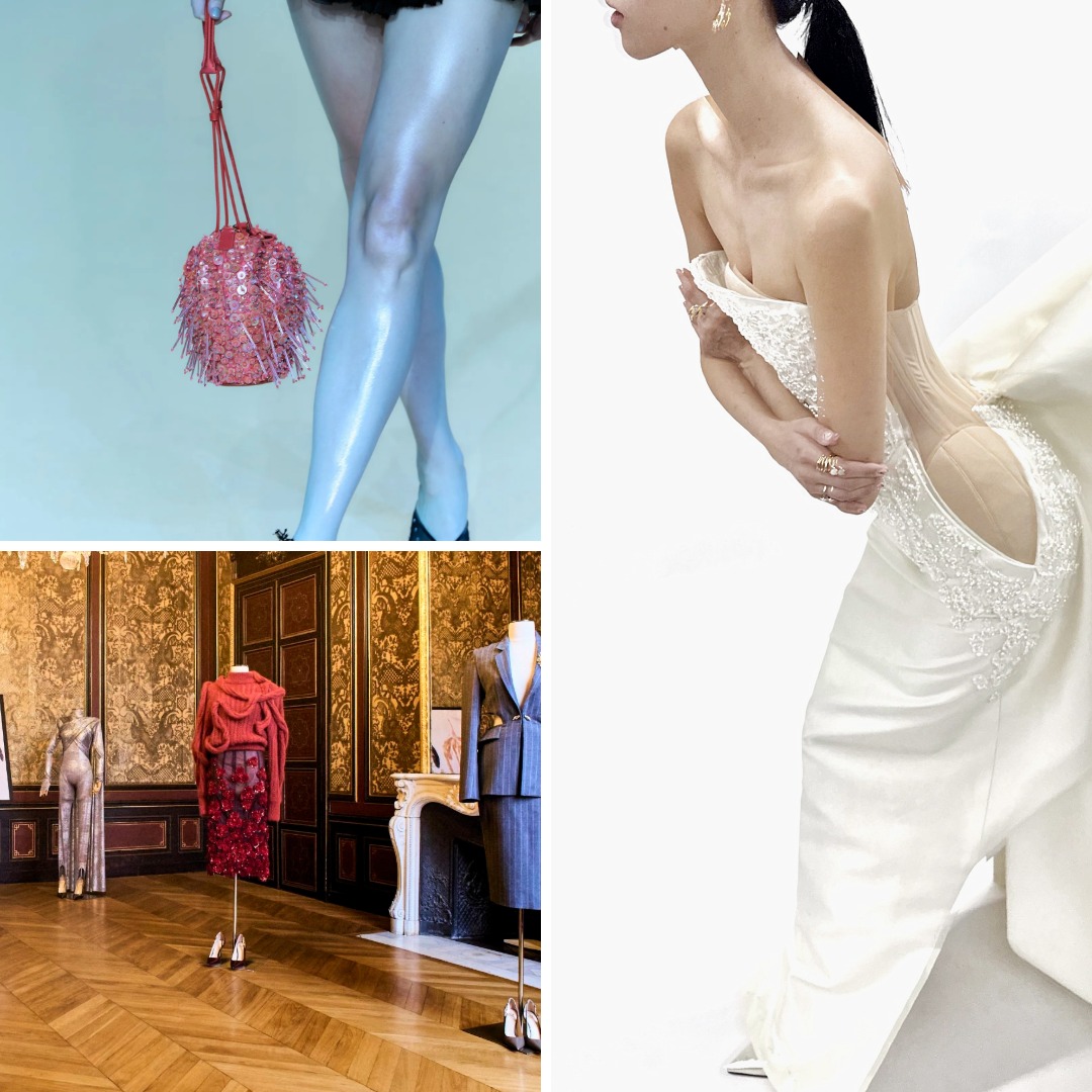 SIRIVANNAVARI recent couture and accessory designs showing three-dimensional embroidery, crystal and pearl embellishment, and sculptural textile techniques beyond Lunéville.