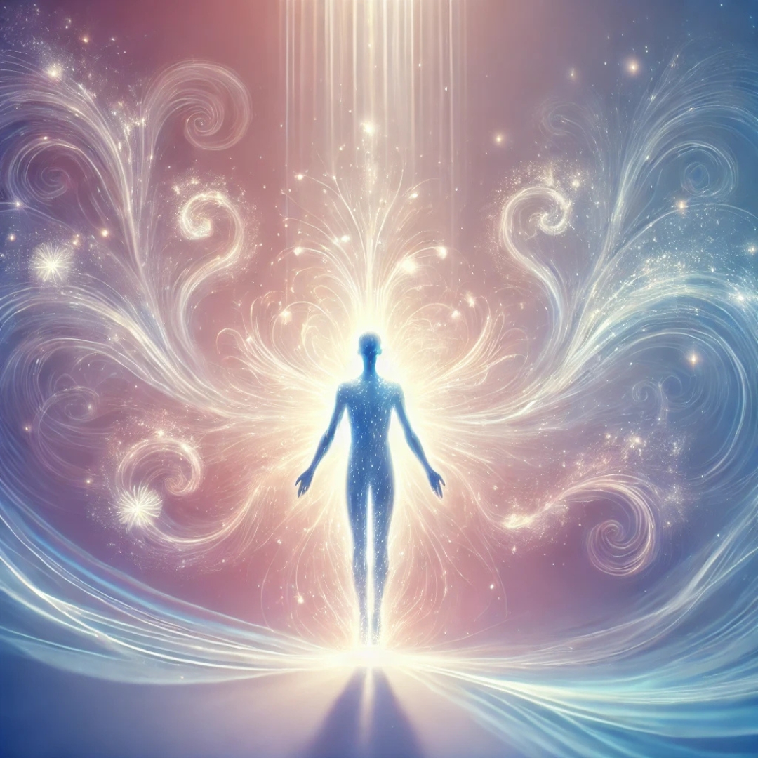 Personne entourée d'une énergie lumineuse et apaisante, symbolisant la libération des traumatismes ancestraux en thérapie transgénérationnelle